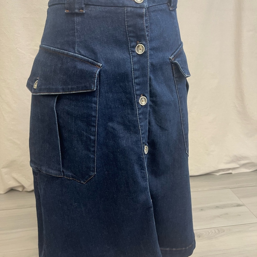 Massomi Dutti Dark Denim Midi Skirt Cargo Pockets Sz 4 Utility A-Line Minimalist - Picture 2 of 8